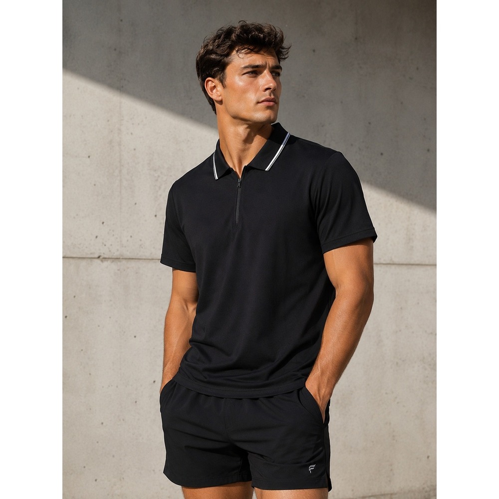 Fabletics Shirt Quarter Zip Polo Mens Large Black Tipped Collar Short Sleeve
